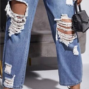 High Waist Ripped Cut Out Straight Leg Jeans
